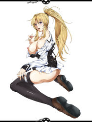 Rule 34 | 1girl, ass, bare shoulders, bible black, blonde hair, breasts, brown eyes, brown footwear, commentary request, from side, high ponytail, large breasts, nipples, no bra, off shoulder, open mouth, retorou, saeki kaori, school uniform, seiza, sideboob, sidelocks, sitting, solo, thighhighs