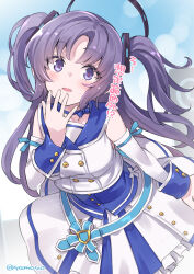 Rule 34 | 1girl, bare shoulders, blue archive, blush, detached sleeves, dress, frilled dress, frills, halo, highres, long hair, looking at viewer, mechanical halo, mischievous straight uniform (blue archive), official alternate costume, open mouth, purple eyes, purple hair, solo, super zombie, translation request, twitter username, two side up, white dress, yuuka (blue archive)