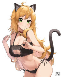 Rule 34 | 1girl, :3, ahoge, animal ear fluff, animal ears, artist name, bare arms, bare shoulders, bell, black bra, black panties, blonde hair, bra, breasts, cat cutout, cat ear panties, cat ears, cat girl, cat lingerie, cat tail, choker, cleavage, cleavage cutout, closed mouth, clothing cutout, commentary, cowboy shot, dated, frilled bra, frills, green eyes, hands up, hoshii miki, idolmaster, idolmaster (classic), jingle bell, kemonomimi mode, large breasts, leaning forward, light blush, long hair, looking at viewer, meme attire, myeolchi, navel, neck bell, panties, paw pose, red choker, side-tie panties, simple background, smile, solo, standing, stomach, tail, tail raised, underwear, underwear only, very long hair, wavy hair, white background