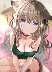 Rule 34 | 1girl, akino ell, animal ears, bare arms, bare shoulders, blue eyes, breasts, brown hair, cat ears, cat girl, cat tail, choker, cleavage, closed mouth, collarbone, floppy ears, green shirt, hair ornament, hairclip, heart, heart-shaped pupils, highres, indian style, large breasts, long hair, looking at viewer, navel, original, panties, shirt, sitting, sleeveless, sleeveless shirt, solo, strap slip, striped clothes, striped panties, symbol-shaped pupils, tail, thighs, underwear