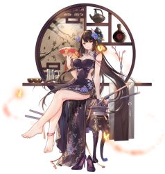 Rule 34 | 1girl, ankleband, anklet, azur lane, bare legs, barefoot, black dress, black hair, breasts, brown eyes, bug, butterfly, china dress, chinese clothes, cleavage, closed mouth, criin (659503), dress, feet, flower, folding fan, full body, glowing butterfly, hair flower, hair ornament, hand fan, hiei (azur lane), hiei (fragrant red plum) (azur lane), highres, horns, insect, jewelry, large breasts, light smile, long hair, official alternate costume, official art, shoes, unworn shoes, side slit, sitting, solo, transparent background, very long hair