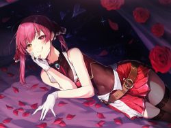 Rule 34 | 1girl, :q, absurdres, bare shoulders, belt, breasts, cleavage, covered navel, flower, gloves, hair ribbon, heart, heterochromia, highres, hololive, houshou marine, leotard, leotard under clothes, on bed, petals, red eyes, red hair, ribbon, rose, rose petals, see-through, see-through cleavage, see-through leotard, skirt, solo, thighhighs, tongue, tongue out, twintails, vest, virtual youtuber, white gloves, yampa, yellow eyes