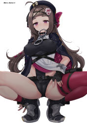 Rule 34 | 1girl, ahoge, black hat, blunt bangs, breasts, brown hair, cameltoe, cleft of venus, covered erect nipples, girls&#039; frontline, groin, hat, highres, long hair, medium breasts, mishima hiroji, purple eyes, red thighhighs, rex zero 1 (girls&#039; frontline), saliva, sidelocks, simple background, solo, spread legs, squatting, suggestive fluid, sweat, thigh strap, thighhighs, very long hair, white background