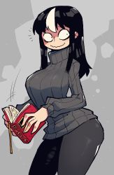 Rule 34 | 1girl, absurdres, alternate costume, book, breasts, grey pants, grey sweater, highres, large breasts, long fingers, long hair, multicolored hair, noss (rariatto), original, pants, rariatto (ganguri), ribbed sweater, streaked hair, sweater, thighs, turtleneck, turtleneck sweater, vampire, wavy mouth, white hair