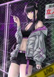 Rule 34 | 1girl, absurdres, barcode, black hair, black shorts, breasts, earrings, highres, jacket, jewelry, long hair, looking at viewer, medium breasts, multiple tails, navel, open mouth, original, purple eyes, short shorts, shorts, smoke, solo, sou skate714, tagme, tail, tobacco, two tails