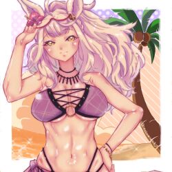 Rule 34 | 1girl, abs, animal ears, beach, bikini, biwa hayahide (umamusume), bracelet, breasts, closed mouth, commentary request, day, ear ornament, eyewear lift, flower, glasses, hair flower, hair ornament, hand on own hip, hibiscus, highres, horse ears, horse girl, jewelry, lace-up, large breasts, long hair, multi-strapped bikini bottom, necklace, o-ring, o-ring bikini, outdoors, palm tree, partial commentary, pomita, purple bikini, purple sarong, red-framed eyewear, red flower, sarong, semi-rimless eyewear, shiny skin, smile, solo, sparkle, swimsuit, tree, twitter username, umamusume, under-rim eyewear, white hair, wind, yellow eyes