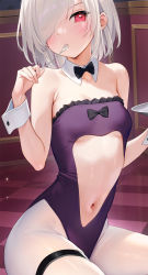 Rule 34 | 1girl, armpit crease, bare shoulders, black bow, black bowtie, blush, bob cut, bow, bowtie, breasts, cleavage, clothing cutout, collar, collarbone, detached collar, eating, frilled leotard, frills, hair over one eye, highleg, highleg leotard, holding, holding spoon, indoors, leotard, looking at viewer, mignon, navel, navel cutout, one eye covered, open mouth, original, pantyhose, purple leotard, red eyes, shiny skin, short hair, sitting, small breasts, solo, spoon, stomach cutout, strapless, strapless leotard, thigh strap, tray, utensil in mouth, white collar, white hair, white pantyhose, wrist cuffs