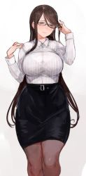 Rule 34 | 1girl, breasts, brown eyes, brown hair, c.cu, curvy, formal, glasses, gradient background, grey background, large breasts, light smile, long hair, looking at viewer, original, pantyhose, pink background, skirt, smile, solo, suit, thighs, tsuyuhara miu, wide hips