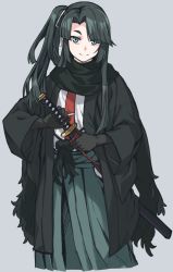 Rule 34 | 1boy, aqua eyes, bishounen, black coat, black hair, black scarf, blue eyes, coat, commentary request, grey background, hair ribbon, hand on hilt, hand on sheath, japanese clothes, katana, long hair, long scarf, long sleeves, looking at viewer, necktie, original, parted bangs, red neckwear, red ribbon, ribbon, scabbard, scarf, sheath, shirt, side ponytail, simple background, smile, sword, weapon, white ribbon, white shirt, wide sleeves, yagi (ningen)