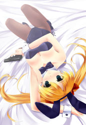 Rule 34 | 1girl, animal ears, arm up, armpits, bare shoulders, bed, blonde hair, blue eyes, blush, bow, bowtie, breasts, cleavage, detached collar, earrings, fake animal ears, female focus, gun, hair ribbon, holding, jewelry, long hair, looking at viewer, lying, mizuki (mizuki ame), on back, original, pantyhose, playboy bunny, rabbit ears, rabbit tail, ribbon, shoes, smile, solo, star (symbol), star earrings, tail, twintails, upside-down, weapon, wrist cuffs