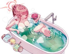 Rule 34 | 1girl, absurdres, alcohol, aru (blue archive), bath, bathtub, blue archive, breasts, closed eyes, closed mouth, commentary request, completely nude, crossed legs, cup, dated commentary, drinking glass, halo, highres, holding, holding cup, lianbiglian, medium breasts, nude, partially submerged, red hair, red halo, simple background, sitting, smile, solo, water, white background, wine, wine glass