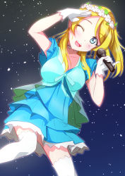 Rule 34 | 1girl, artist request, ayase eli, bare shoulders, blonde hair, blue detached collar, blue dress, blue eyes, blush, breasts, choker, cleavage, cloud, collarbone, dress, earrings, female focus, flower, flower wreath, frilled dress, frills, gloves, hair between eyes, head wreath, highres, holding, holding microphone, jewelry, kamu 422, long hair, looking at viewer, love live!, love live! school idol festival, love live! school idol project, microphone, night, night sky, one eye closed, outdoors, parted lips, ponytail, salute, short hair, sidelocks, sky, smile, solo, white detached collar, white gloves, white legwear, yume no tobira