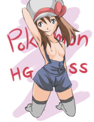 Rule 34 | 1girl, artist request, breasts, cosplay, creatures (company), game freak, lyra (pokemon), naked overalls, nintendo, nipples, no shoes, overalls, pokemon, pokemon hgss, thighhighs, zettai ryouiki