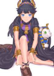 Rule 34 | 1girl, anklet, black dress, black hair, blue eyes, blurry, depth of field, dress, egyptian, eyeshadow, hair tubes, hairband, highres, jewelry, jyon, lion, long hair, looking at viewer, makeup, necklace, nephthys (p&amp;d), no socks, ponytail, puffy short sleeves, puffy sleeves, putting on shoes, puzzle &amp; dragons, shoes, short sleeves, solo, sphinx (p&amp;d)