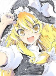 Rule 34 | &gt;:), 1girl, :d, blonde hair, bow, braid, female focus, graphite (medium), hand on headwear, happy, hat, kirisame marisa, looking at viewer, mixed media, open mouth, portrait, sketch, smile, solo, takahashi tetsuya, touhou, traditional media, tsurime, v-shaped eyebrows, witch, witch hat, yellow eyes
