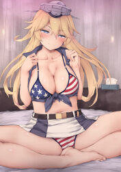 Rule 34 | 1girl, barefoot, belt, black belt, blonde hair, blue eyes, blush, breasts, cleavage, closed mouth, collarbone, feet, front-tie top, hair between eyes, highres, indian style, iowa (kancolle), kantai collection, large breasts, legs, long hair, navel, ruschuto, sitting, skirt, smile, solo, star-shaped pupils, star (symbol), symbol-shaped pupils, toenails, toes