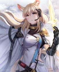 Rule 34 | 1girl, animal ear fluff, animal ears, arknights, black gloves, blonde hair, bracer, cape, commentary request, dress, gigamessy, gloves, hand up, headset, highres, long hair, looking at viewer, nearl (arknights), nearl the radiant knight (arknights), solo, upper body, white cape, white dress, yellow eyes
