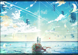 Rule 34 | 1boy, 1girl, ahoge, black border, blue sky, border, bouquet, building, cloud, cluseller, coat, commentary request, contrail, day, dress, floating, floating object, flower, from behind, full body, gradient sky, highres, holding hands, kemurikusa, lens flare, lily (flower), long hair, outdoors, pants, petals, pink flower, red flower, red ribbon, red rose, reflection, revision, ribbon, riri (kemurikusa), rose, scenery, shoes, short hair, sky, skyscraper, spoilers, sun, sunlight, sunrise, trench coat, wakaba (kemurikusa), walking, white flower