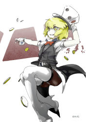 Rule 34 | 1other, androgynous, blonde hair, bow, bowtie, dice hair ornament, hair ornament, hat, len&#039;en, necktie, puffy short sleeves, puffy sleeves, short hair, short sleeves, skirt, smile, solo, thighhighs, vest, white thighhighs, xeno a, yellow eyes