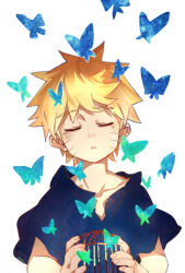 1boy aged_down birdcage blonde_hair blue_shirt bug butterfly cage child closed_mouth commentary english_commentary facial_mark holding insect ly124739898 male_focus naruto naruto_(series) shirt short_hair short_sleeves solo spiked_hair uzumaki_naruto whisker_markings