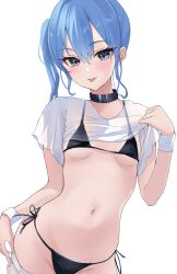 Rule 34 | 1girl, :p, absurdres, arm at side, bikini, bikini under clothes, black bikini, black collar, blue eyes, blue hair, blush, breasts, closed mouth, clothes lift, collar, contrapposto, cowboy shot, fawny, hair between eyes, hand up, highres, hololive, hoshimachi suisei, lifted by self, long hair, looking at viewer, navel, see-through, see-through shirt, shirt lift, side-tie bikini bottom, side ponytail, sidelocks, simple background, small breasts, smile, solo, stomach, swimsuit, tongue, tongue out, underboob, upper body, virtual youtuber, white background