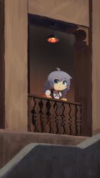 Rule 34 | 1girl, absurdres, against railing, ahoge, black dress, blue eyes, blush, braid, chibi, closed mouth, collared shirt, commentary request, cross tie, dress, elbow gloves, fingerless gloves, gloves, grey hair, hanging light, highres, kizuna akari, konohoshi, leaning forward, light smile, long hair, looking at viewer, low twin braids, no jacket, orange gloves, pinafore dress, puffy short sleeves, puffy sleeves, railing, ribbed shirt, shirt, short sleeves, sleeveless, sleeveless dress, smile, solo, twin braids, very long hair, vocaloid, voiceroid, white shirt, wide shot