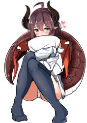 Rule 34 | 1girl, absurdres, ahoge, ass, black thighhighs, blush, brown eyes, brown hair, brown wings, covered mouth, dragon girl, dragon horns, dragon tail, dragon wings, grea (shingeki no bahamut), hair between eyes, heart, highres, horns, long sleeves, looking at viewer, manaria friends, moyoron, no pants, no shoes, hugging object, off shoulder, panties, pillow, pillow hug, pointy ears, shingeki no bahamut, shirt, simple background, sitting, sleeves past wrists, solo, tail, thighhighs, underwear, white background, white panties, white shirt, wings