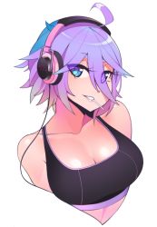 Rule 34 | 00s, 1girl, black sports bra, blue eyes, breasts, candy, cleavage, female focus, food, headphones, large breasts, lollipop, looking at viewer, multicolored hair, rosario+vampire, shirayuki mizore, simple background, smile, solo, sports bra, white background
