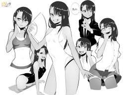 Rule 34 | 1girl, black hair, breasts, collared shirt, commentary, competition swimsuit, covered navel, dark-skinned female, dark skin, earclip, embarrassed, fangs, fanning self, greyscale, grin, hair between eyes, hair ornament, hairclip, hand fan, highres, ijiranaide nagatoro-san, jacket, long hair, monochrome, multiple views, nagatoro hayase, navel, necktie, nyxkz, one-piece swimsuit, one eye closed, pleated skirt, shirt, skirt, small breasts, smile, smug, speech bubble, suit jacket, swimsuit, tan, tanline, thighhighs, tongue, tongue out, water, zettai ryouiki