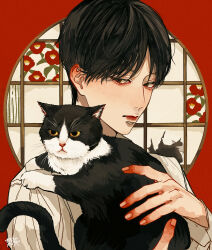 Rule 34 | 1boy, absurdres, animal, black cat, black hair, brown eyes, cat, closed mouth, commentary request, fingernails, floral print, highres, holding, holding animal, holding cat, kagoya1219, lattice, long sleeves, looking at viewer, male focus, original, red background, shirt, short hair, signature, solo, three quarter view, upper body, white shirt