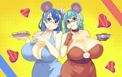 Rule 34 | 2girls, absurdres, animal ears, aqua eyes, aqua hair, bare shoulders, between breasts, blue dress, borrowed character, braid, breasts, brown eyes, chinese zodiac, cleavage, commentary, covered navel, dress, dripping, eating, english commentary, fake animal ears, heart, highres, holding, holding plate, honey, huge breasts, kaitsu tokiyas, looking at viewer, mouse ears, multiple girls, original, plate, red dress, rina atherina, strapless, strapless dress, twin braids, year of the rat