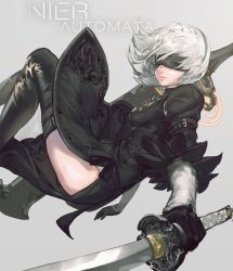 Rule 34 | 1girl, absurdres, bad id, bad twitter id, black dress, black footwear, black thighhighs, blindfold, boots, copyright name, covered eyes, dress, gloves, grey background, highres, holding, holding sword, holding weapon, katana, leotard, nier:automata, nier (series), silver hair, simple background, solo, sword, thigh boots, thighhighs, urorong, weapon, 2b (nier:automata)