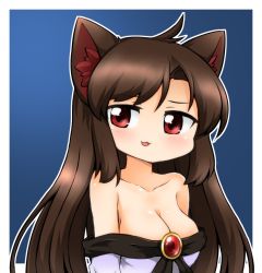 Rule 34 | 1girl, :3, animal ears, bare shoulders, blush, breasts, brooch, brown hair, cleavage, collarbone, dress, imaizumi kagerou, jewelry, long sleeves, looking at viewer, off shoulder, open mouth, red eyes, smile, solo, suwa yasai, tail, touhou, wide sleeves, wolf ears, wolf tail