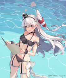 Rule 34 | 1girl, amatsukaze (kancolle), artist name, bikini, black bikini, blush, breasts, brown eyes, dated, fang, grey hair, hair between eyes, hair tubes, highres, himeyamato, kantai collection, long hair, medium breasts, navel, open mouth, signature, skin fang, smile, solo, swimsuit, two side up, underboob