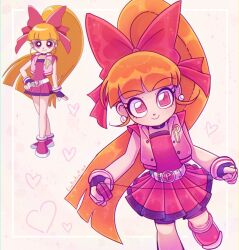 1girl akazutsumi_momoko blunt_bangs bow closed_mouth full_body hair_bow high_ponytail hyper_blossom linterteatime long_hair looking_at_viewer orange_hair pink_bow pink_eyes pink_shirt ponytail powerpuff_girls_z red_eyes shirt skirt smile solo square_eyes very_long_hair