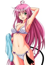 Rule 34 | 10s, 1girl, ahoge, arm behind head, armpits, blush, bow, bow bra, bow panties, bra, cowboy shot, demon tail, derivative work, female focus, frills, green eyes, lala satalin deviluke, long hair, navel, one eye closed, open mouth, panties, pink hair, simple background, smile, solo, tail, thigh gap, to love-ru, to love-ru darkness, towel, underwear, underwear only, very long hair, white background, wink