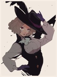 Rule 34 | 10s, 1girl, ascot, brown eyes, brown hair, commentary, gloves, hat, hat feather, hat tip, ivxxx, okumura haru, persona, persona 5, purple gloves, solo, underbust, vest, waistcoat