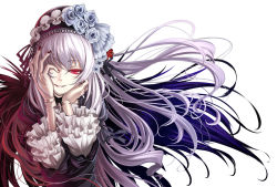 Rule 34 | 00s, 1girl, berry, covering one eye, doll joints, flower, frills, hairband, hands on own face, joints, red eyes, rose, rozen maiden, shiokonbu, silver hair, smirk, solo, suigintou, white flower, white rose, wings