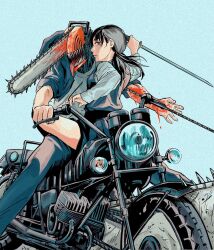 Rule 34 | 1boy, 1girl, arm up, black hair, blood, blue background, blue dress, blue eyes, blue jacket, blue pants, chainsaw, chainsaw man, commentary request, denji (chainsaw man), dress, fourth east high school uniform, highres, holding, holding sword, holding weapon, jacket, katana, leg lock, long hair, long sleeves, long tongue, looking at viewer, looking to the side, low twintails, mitaka asa, monster boy, motor vehicle, motorcycle, nose, on motorcycle, pants, parted lips, pinafore dress, pleated dress, reverse grip, riding, school uniform, sharp teeth, shirt, simple background, sitting, sleeveless, sleeveless dress, sleeves rolled up, sukesukeburger, sword, teeth, tongue, tongue out, twintails, weapon, white shirt
