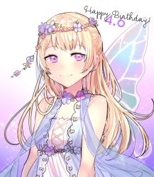 Rule 34 | 1girl, bang dream!, bare shoulders, blonde hair, blue flower, closed mouth, commentary request, dated, dress, fairy wings, flower, hair flower, hair ornament, happy birthday, long hair, looking at viewer, pink eyes, see-through, shirasagi chisato, sleeveless, sleeveless dress, smile, solo, sparkle, tiny (tini3030), white background, white dress, wings