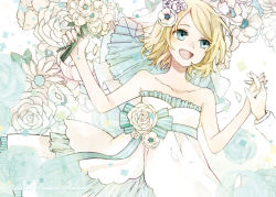 Rule 34 | 1girl, blonde hair, blue eyes, blue ribbon, bouquet, bow, buzz (moi), dress, floral background, flower, flower on head, hair flower, hair ornament, holding hands, kagamine rin, ribbon, solo, solo focus, vocaloid, white dress