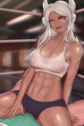 Rule 34 | 1girl, 1other, abs, absurdres, animal ears, bare shoulders, bikini, blurry, blurry background, boku no hero academia, breasts, buruma, cleavage, dark-skinned female, dark skin, fluffydus, highres, licking lips, looking down, mirko, muscular, muscular female, on person, rabbit ears, red eyes, sitting, spread legs, steam, sweat, swimsuit, tank top, tongue, tongue out, white hair, white tank top
