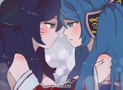 Rule 34 | 2girls, ahri (league of legends), animal ears, animated, animated gif, blue eyes, blue hair, closed eyes, fox ears, hair ornament, kiss, league of legends, long hair, lynasheet, multiple girls, smile, sona (league of legends), twintails, yellow eyes, yuri