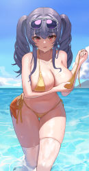 Rule 34 | 1girl, absurdres, azur lane, bikini, blush, breast hold, breasts, cleavage, collarbone, eyewear on head, highres, large breasts, long hair, official alternate costume, onedoo, partially submerged, pola (azur lane), pola (seaside coincidence) (azur lane), purple hair, red eyes, side-tie bikini bottom, solo, sunglasses, swimsuit, thighhighs, thighs, twintails, water, wet, white thighhighs, yellow bikini