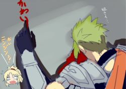 Rule 34 | achilles (fate), arm guards, blonde hair, blood, cape, chibi, chibi inset, comic, don&#039;t you ever stop (meme), face down, fate (series), gloves, green hair, gundam, gundam tekketsu no orphans, hair ornament, hair scrunchie, lying, meme, mordred (fate), mordred (fate/apocrypha), on floor, on stomach, open mouth, ponytail, scrunchie, surprised, translation request, writing