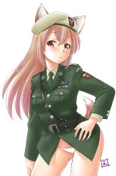 Rule 34 | 1girl, belt, blush, breast pocket, closed mouth, cowboy shot, ebifly, green hat, green jacket, hair between eyes, hand on own hip, hat, highres, jacket, looking at viewer, military, military uniform, no pants, original, panties, pocket, red eyes, rhodesia, signature, simple background, solo, standing, tail, underwear, uniform, white background, white panties