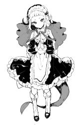 Rule 34 | + +, 1girl, apron, closed mouth, dress, full body, greyscale, horns, ikeuchi tanuma, interlocked fingers, juliet sleeves, long sleeves, looking at viewer, maid, maid apron, monochrome, original, own hands together, puffy sleeves, shoes, simple background, solo, standing, tail, veil, white background