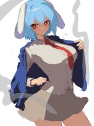 Rule 34 | 1girl, absurdres, animal ears, blue vest, breasts, bright pupils, closed mouth, floppy ears, grey skirt, highres, large breasts, looking at viewer, moriforest1040, necktie, rabbit ears, rabbit girl, red eyes, red necktie, reisen (touhou bougetsushou), shirt, simple background, skirt, solo, touhou, vest, white background, white pupils, white shirt