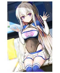 Rule 34 | 1girl, azur lane, blue bow, blue eyes, bottle, bow, braid, breasts, casablanca (azur lane), casablanca (cheer squad on break) (azur lane), cleavage, cleavage cutout, closed mouth, clothing cutout, covered navel, crown braid, day, eyelashes, feet out of frame, french braid, hair between eyes, hair bow, hair ornament, hands up, highres, holding, holding bottle, light blush, long hair, long sleeves, looking at viewer, medium breasts, miniskirt, multicolored eyes, multicolored hair, official alternate costume, outstretched hand, pink eyes, pleated skirt, print shirt, see-through, shade, shirt, sidelocks, sitting, skin tight, skirt, smile, solo, straight hair, striped clothes, striped thighhighs, thighhighs, tokisaka ena, vertical-striped clothes, vertical-striped thighhighs, very long hair, water bottle, waving, white hair, white skirt, wide ponytail, zettai ryouiki