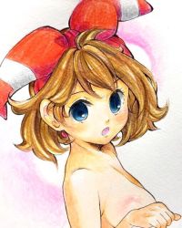 Rule 34 | 1girl, bad id, bad pixiv id, blue eyes, body blush, breasts, colored pencil (medium), convenient arm, covering breasts, covering privates, creatures (company), earrings, from side, game freak, hair ribbon, jewelry, large breasts, light brown hair, looking at viewer, looking to the side, marker (medium), may (pokemon), medium hair, nintendo, nude, open mouth, pokemon, pokemon oras, red ribbon, ribbon, solo, soma somari, traditional media, upper body